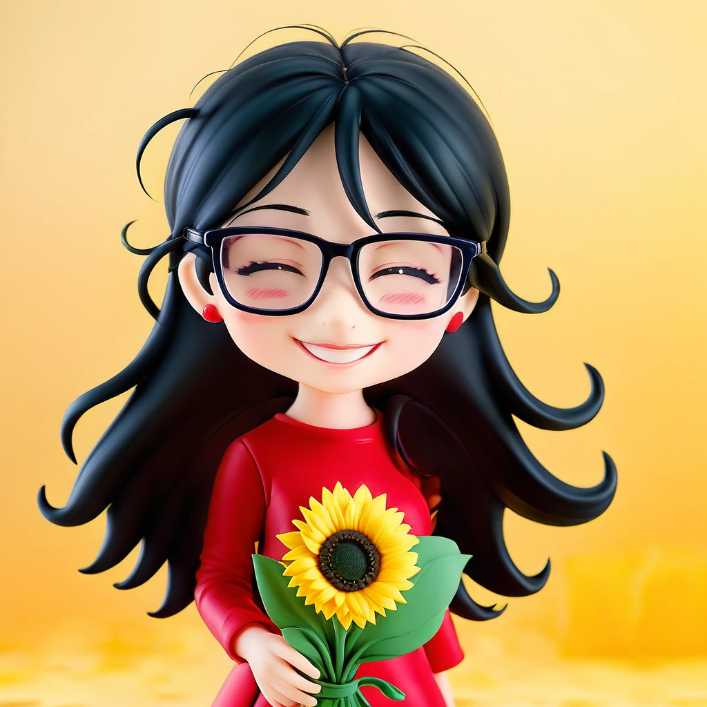 Beautiful girl with glasses, Long black hair, Bouquet of sunflowers and red roses, Bright colors, smile, 8K quality, Focus of the film, close your eyes