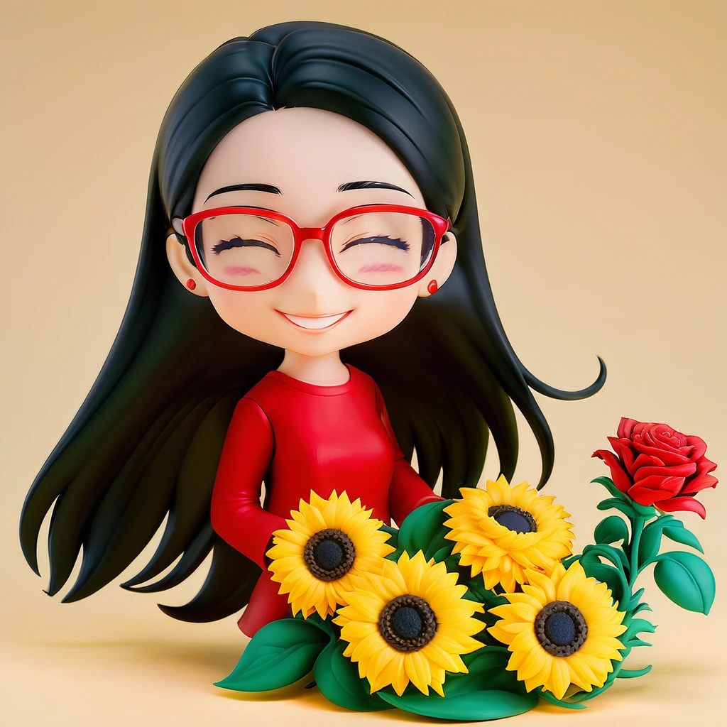 Beautiful girl with glasses, Long black hair, Bouquet of sunflowers and red roses, Bright colors, smile, 8K quality, Focus of the film, close your eyes