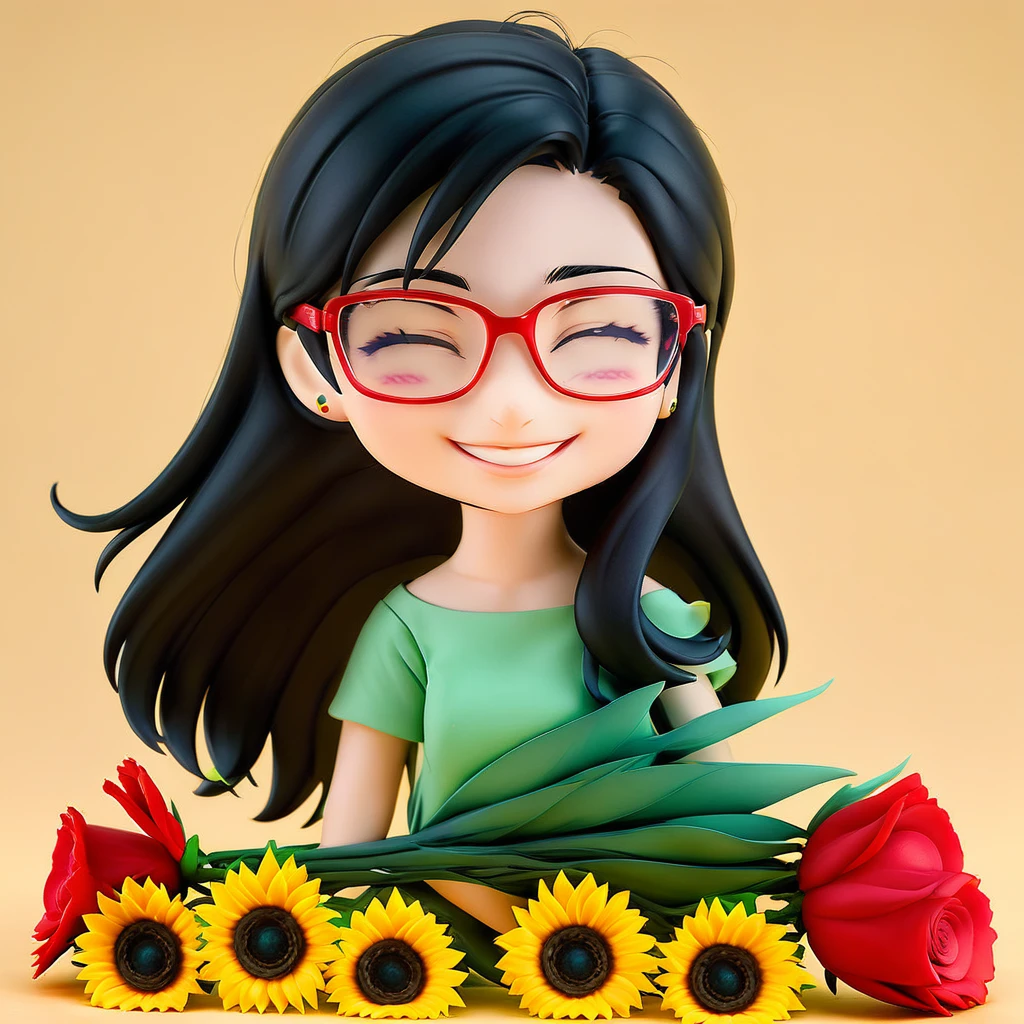 Beautiful girl with glasses, Long black hair, Bouquet of sunflowers and red roses, Bright colors, smile, 8K quality, Focus of the film, close your eyes