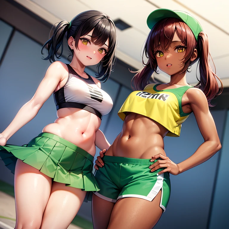 2girls,, girl on left has dark skin, short black hair, yellow eyes, yellow sportsbra, blue miniskirt, midriff, navel, plump,, girl on right has tan skin, red hair, twintails, green eyes, yellow croptop, croptop overhang, midriff, navel, short green shorts, chubby,, low angle, track field, facing viewer