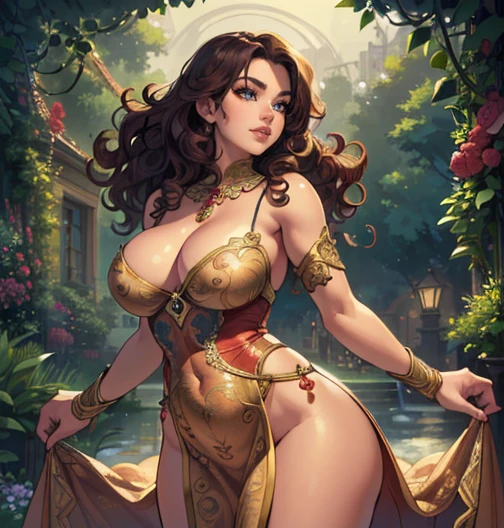 (best quality,high-res,masterpiece:1.2),ultra-detailed,realistic:1.37,a woman with large breasts and wide hips, standing in front of us in a sensual pose, covering her intimate parts with her hands and arms,illustration,soft lighting,vivid colors,beautiful detailed eyes,beautiful detailed lips,curly hair,floating dress,lush garden background.
