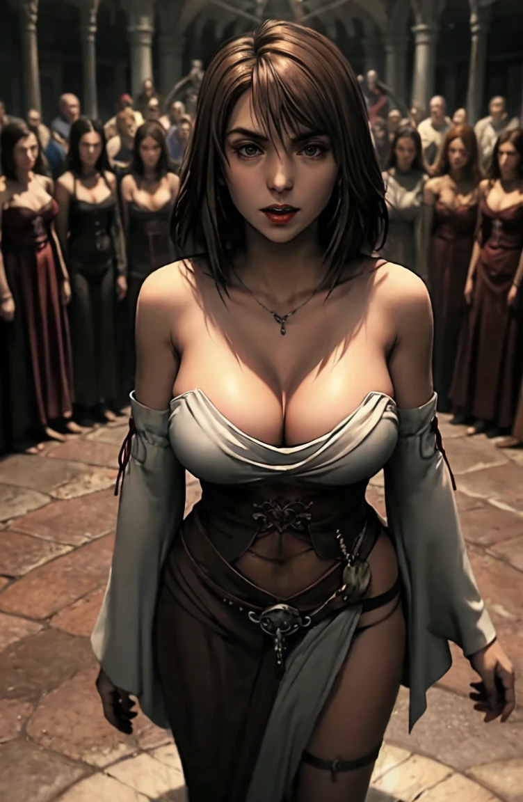 yunaffx, deep cleavage, topless, large breasts, deep cleavage, removing her clothes, standing in a circle surrounded by vampires