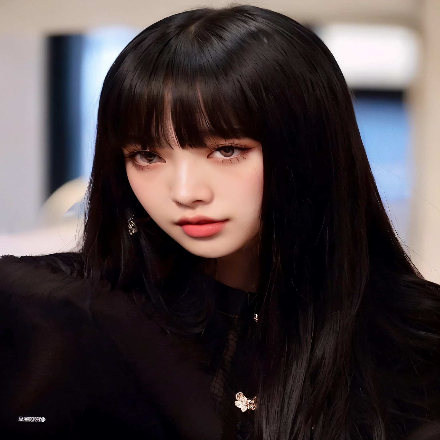 a close up of a woman with long black hair and a necklace, she has black hair with bangs, lalisa manoban of blackpink, lalisa manobal, jossi of blackpink, with full bangs, with bangs, jisoo of blackpink, jisoo from blackpink, portrait of jossi of blackpink, long black hair with bangs, sun yunjoo, bae suzy
