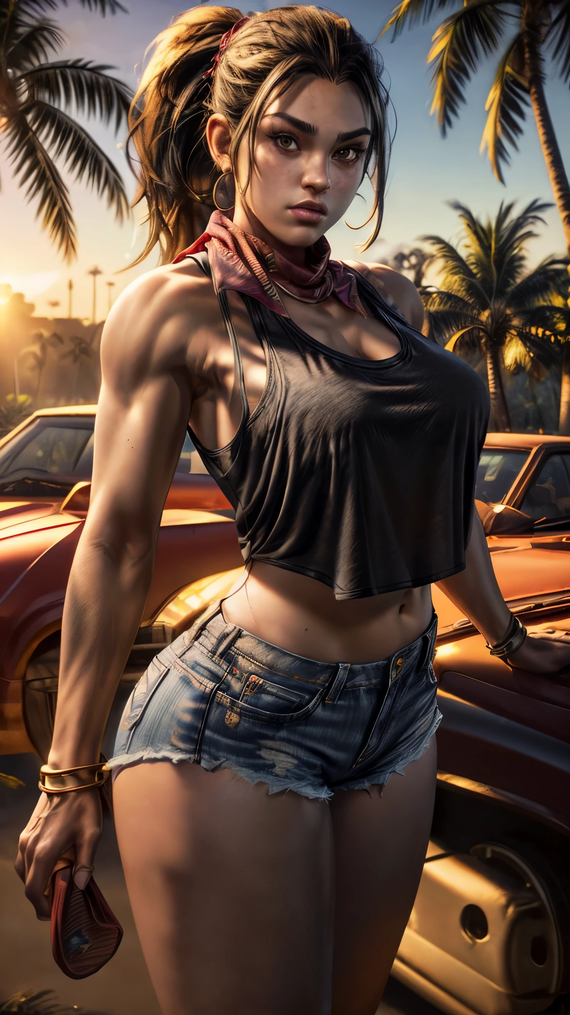 8k uhd, dslr, high quality,  (ultra realistic,32k, masterpiece:1.1),(detailed skin), (golden hour:1.1) octane render,gtluc ,a woman, (black tank shirt:1.3), ponytail, red bandana, denim shorts, (looking at viewer),miami,trees,palms,beach, Large breasts, thick thighs 