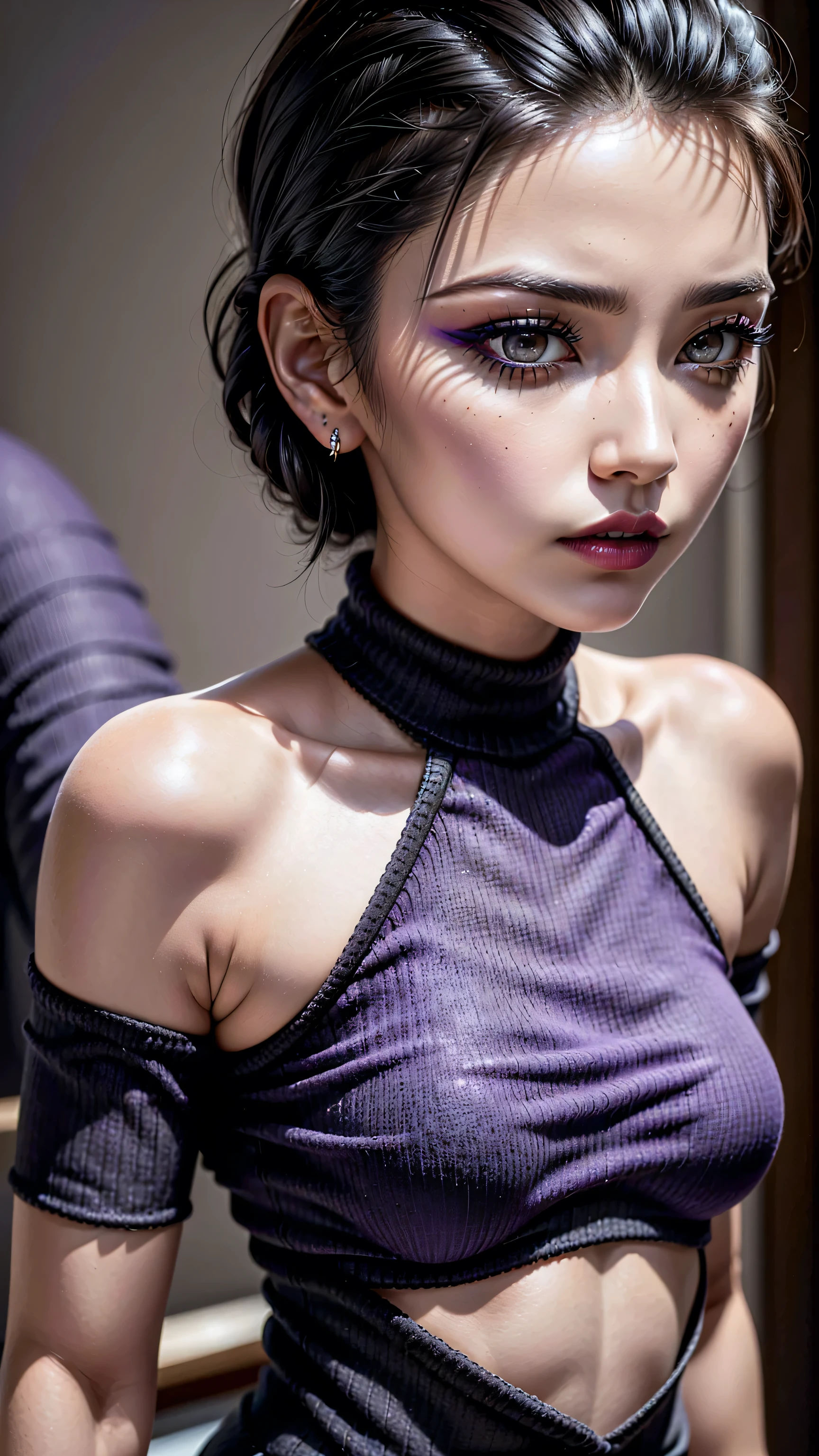 ((extremely detailed portrait:1.2)), (1girl:1.35, 20-year-old), Realism, highest resolution, (depth of field), (the most absurd quality),(highest quality realistic texture skin),(highest quality realistic texture hair),BREAK,((black hair, (slicked to the side), insanely detailed:1.4)), ((standing on moonlit night)), ((perfect proportions)),((anatomically correct)), ((firm and full breasts:1.25)),(the most absurd quality perfect eyes), (super detail beautiful face), ((light pale complexion)), ((Insanely detail clear and sharp perfect round realistic dark-brown_eyes:1.35)), finely detailed pupils, detailed lips:1.3, (long_blue_eyeliner:1.15), (pink_lipstick:1.3), ((perfect purple_eyeshadows:1.35)), (Detailed nose:1.2), (Upper body shot), ((wearing a tight black knitted dress:1.35)),((small round head:1.3)), (close up of her face), exquisite balance of shadows,perfect composition, ((look at the viewer)), Hasselblad, 85mm f/4.0