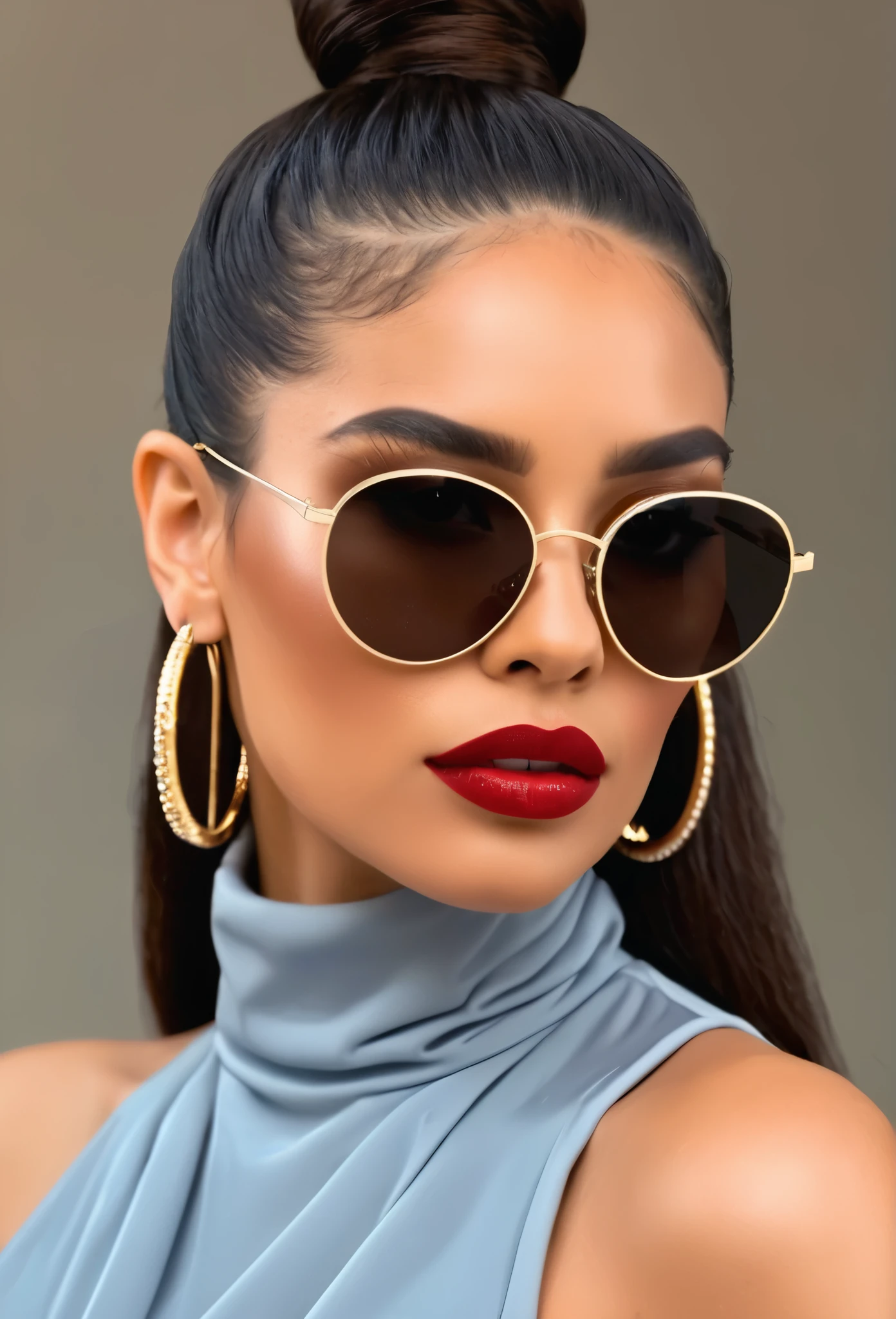 A glamorous Latina woman's head. Scraped back perfect high ponytail. Dramatic makeup. Mirror sunglasses, geometric hoop earrings, high class female model, expensive accessories. Full lips, button nose