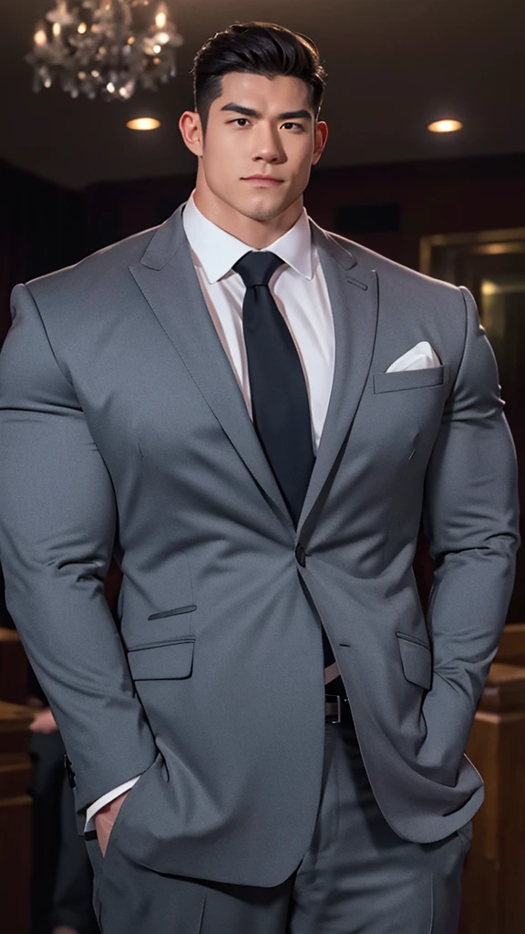 best quality，A muscular man in a suit，（（Formal wear）），front Photo，Huge muscles，((Thick arms))，tall，exaggerated physique，8K，Ultra HD，Perfect details