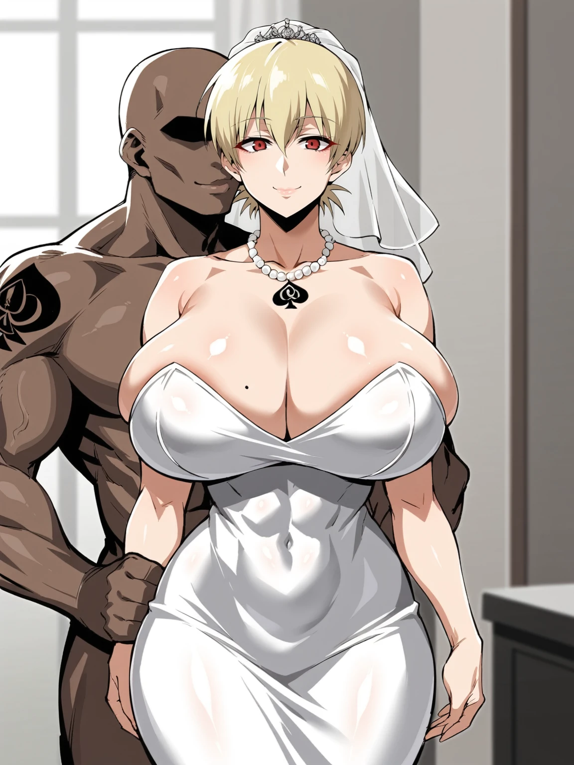 score_9, score_8_up, score_7_up, 1girl, looking at viewer, wedding gown, standing wedding, indoors, hellsing, blonde, red eyes, huge breasts, rating:safe, sfw, closeup, solo, abs, narrow waist, tiny waist, mature female, smile,  necklace, 1boy, dark skinned male, size difference, huge male, faceless male, kissing, blacked, qos, queen of spades, BLACKED tattoos, raceplay, ntr, ikuchan