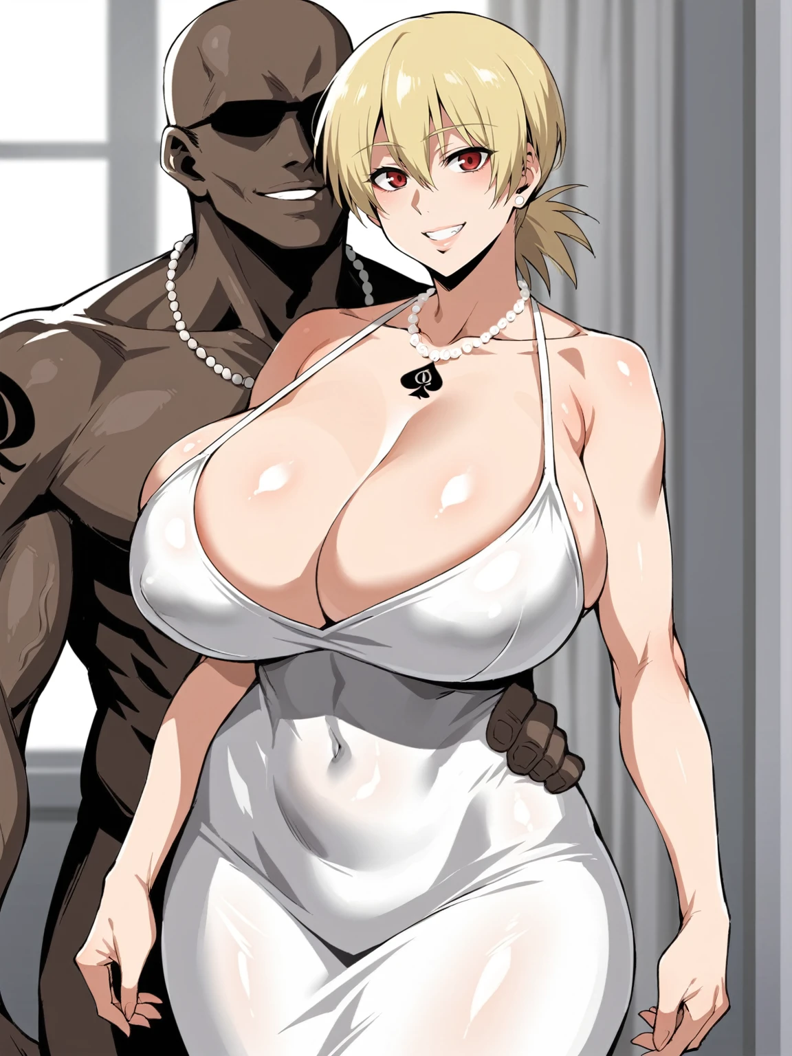 score_9, score_8_up, score_7_up, 1girl, looking at viewer, wedding gown, standing wedding, indoors, hellsing, blonde, red eyes, huge breasts, rating:safe, sfw, closeup, solo, abs, narrow waist, tiny waist, mature female, smile, necklace, 1boy, dark skinned male, size difference, huge male, faceless male, kissing, blacked, qos, queen of spades, BLACKED tattoos, raceplay, ntr, ikuchan