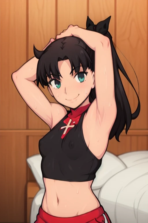 masterpiece, best quality, looking at viewer, upper body, portrait, looking at viewer, seductive smile, put your hands behind your head, armpits, armpits visible, sweaty armpits, tohsaka rin, very small breasts, long black hair, wearing red croptop outfit, ponytail