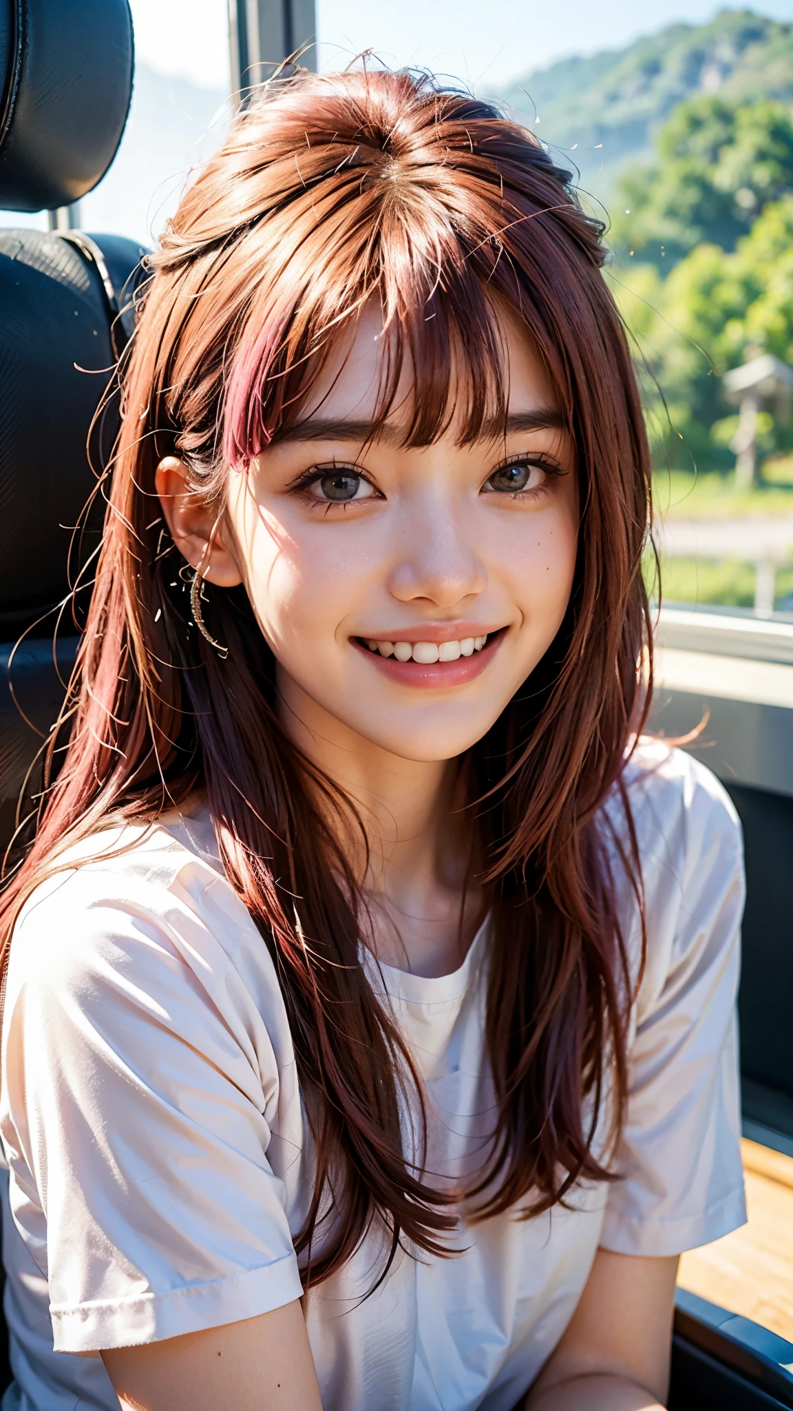 highest quality, masterpiece, Ultra-high resolution, (Realistic:1.4), (Close-up portrait) RAW Photos, 1 girl,20-year-old,((I'm showing my teeth and smiling)),((Big smile)),((Inside the Shinkansen)),((look up)),((Random cute poses)),,((Passionate pink haired girl )),((Pure white T-shirt)),Messy Hair,((Cap Chestnut)),((Short bangs)),Realistic,Image Media Chest)),