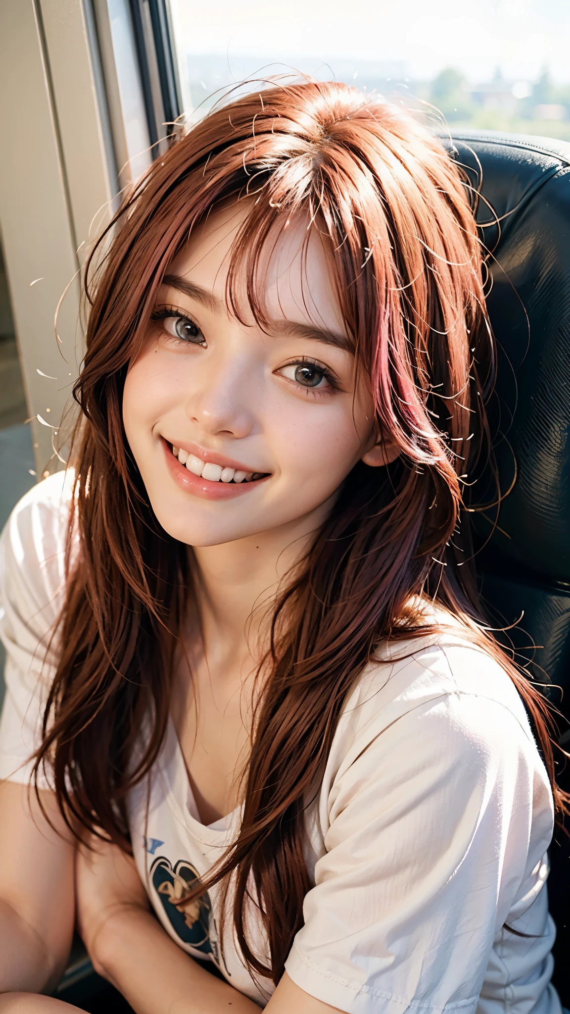 highest quality, masterpiece, Ultra-high resolution, (Realistic:1.4), (Close-up portrait) RAW Photos, 1 girl,20-year-old,((I'm showing my teeth and smiling)),((Big smile)),((Inside the Shinkansen)),((look up)),((Random cute poses)),,((Passionate pink haired girl )),((Pure white T-shirt)),Messy Hair,((Cap Chestnut)),((Short bangs)),Realistic,Image Media Chest)),