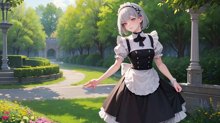 Garden, European style, Tea party, Are standing, Outdoor, (masterpiece, highest quality, Absurd), One girl, Gray Hair, Short Straight Hair, Blunt bangs, Flat Chest, Tight waist, Grey Eyes, petal, Pale skin, Maid, Maid headdress, Maid apron, Cowboy Shot, blush, A light smile, Tilt your head, bow,Cinema Lighting、highest quality, 8k wallpaper, Super detailed, beautifully、aesthetic, masterpiece, Realistic, (Highly detailed and accurate hand and foot generation、Removal of excess body parts:1.4)