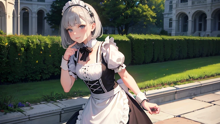 Garden, European style, Tea party, Are standing, Outdoor, (masterpiece, highest quality, Absurd), One girl, Gray Hair, Short Straight Hair, Blunt bangs, Flat Chest, Tight waist, Grey Eyes, petal, Pale skin, Maid, Maid headdress, Maid apron, Cowboy Shot, blush, A light smile, Tilt your head, bow,Cinema Lighting、highest quality, 8k wallpaper, Super detailed, beautifully、aesthetic, masterpiece, Realistic, (Highly detailed and accurate hand and foot generation、Removal of excess body parts:1.4)