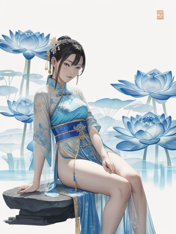 Ancient Chinese beauty sitting on a stone, Wearing ancient Chinese costumes, Flowing blue tulle, light silk, Lazy pose, Big lotus leaf, Lotus flower, Ink painting style, Beautiful colors, The decisive cut, blank, free-hand, masterpiece, Very detailed, A magnificent composition, high quality, 最high quality, 4k