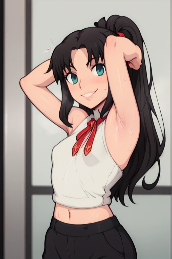 masterpiece, best quality, looking at viewer, upper body, portrait, looking at viewer, seductive smile, put your hands behind your head, armpits, armpits visible, sweaty armpits, tohsaka rin, very small breasts, long black hair, wearing red croptop outfit, ponytail