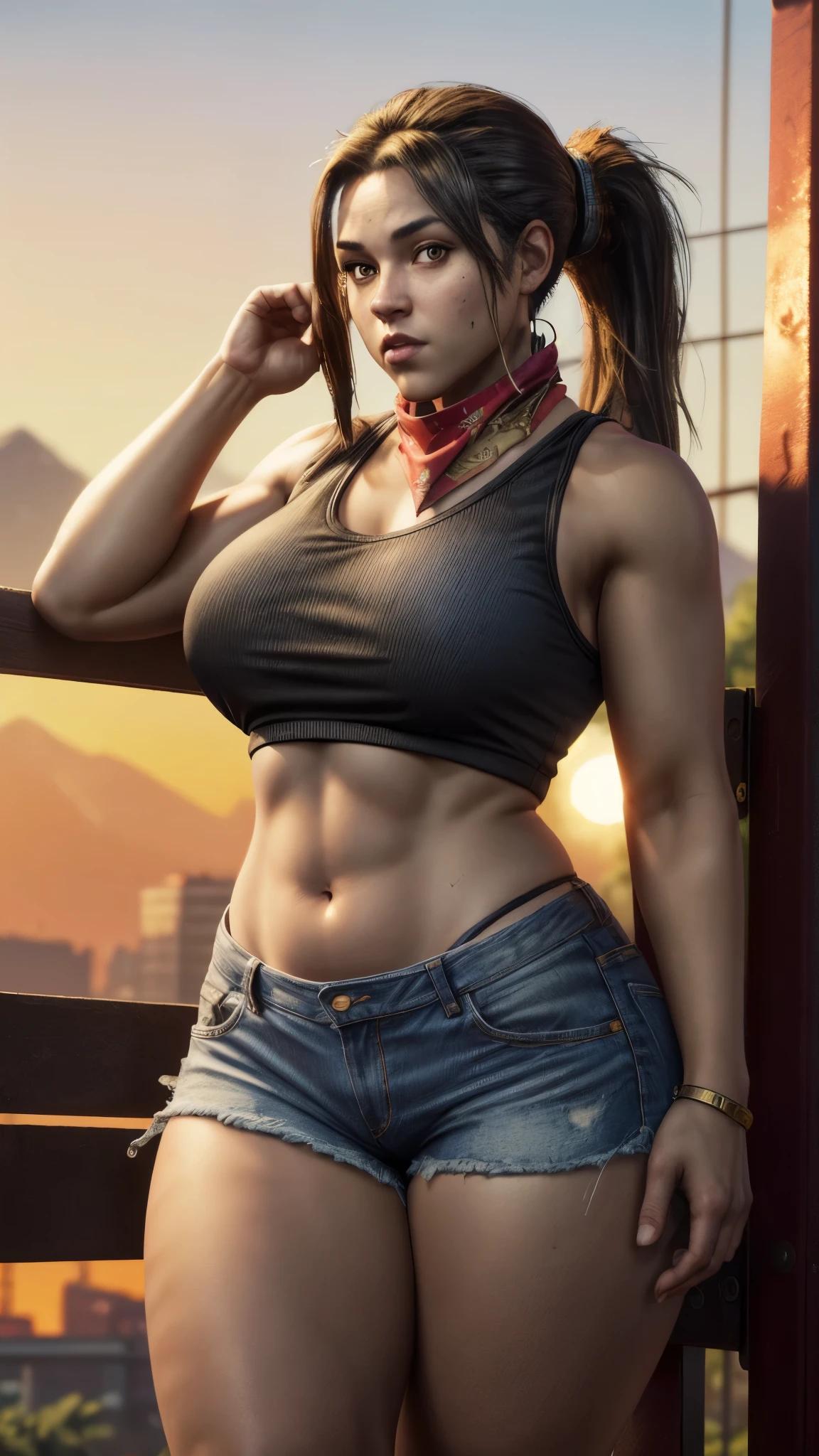 (ultra realistic,32k, masterpiece:1.1),(detailed skin) gtluc ,a woman, black tank top, ponytail, red bandana, denim shorts, (looking at viewer),(golden hour:1.1), , 8k uhd, dslr, high quality, large breasts, thick thighs, curvy hips 