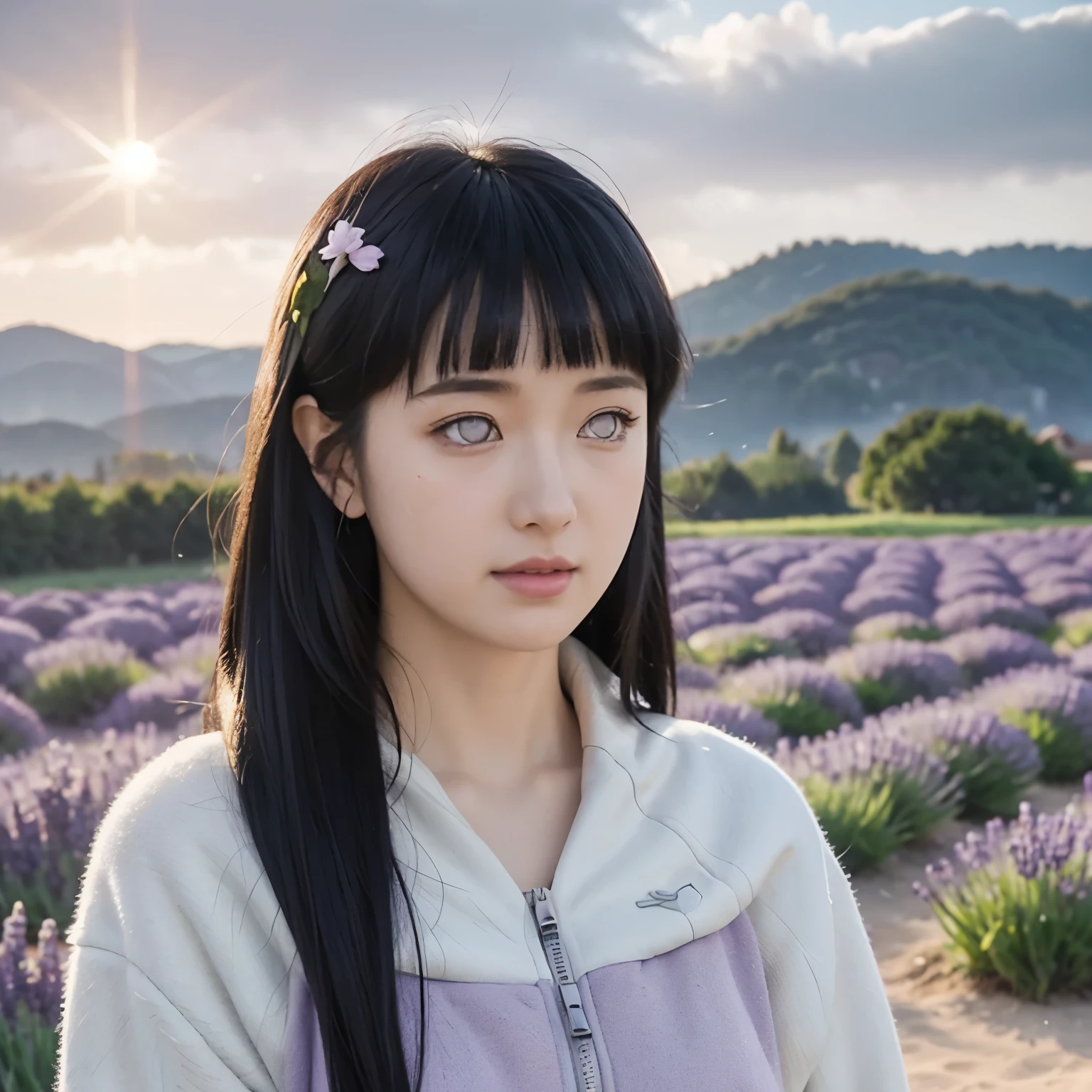 Title: "Grace in the Lavender Fields"
Description: In this beautiful portrait, Hinata Hyuga stands amidst a vast expanse of blooming lavender fields, her figure illuminated by the soft rays of the setting sun. Soft colors of purple and green create a backdrop for its serene presence.
Hinata's slender form was encased in a flowing purple hoodie with padded sleeves, the fabric fluttering gently in the wind. Her long, dark hair fell in silky strands down her back, catching the sunlight in a stunning display of highlights and shadows.
With her lavender eyes gazing softly at the viewer, Hinata's expression conveys calm strength and inner peace. A subtle blush graced her cheeks, adding a touch of warmth to her calm face.
Every detail is rendered with meticulous realism, from the subtle curve of his lips to the intricate pattern of his lavender hoodie. Falling flower petals danced around him, adding a sense of momentary beauty to the scene.
As the clouds drifted lazily across the sky, Hinata stood with an air of serenity, embodying the essence of grace and beauty amidst the natural splendor of lavender fields.