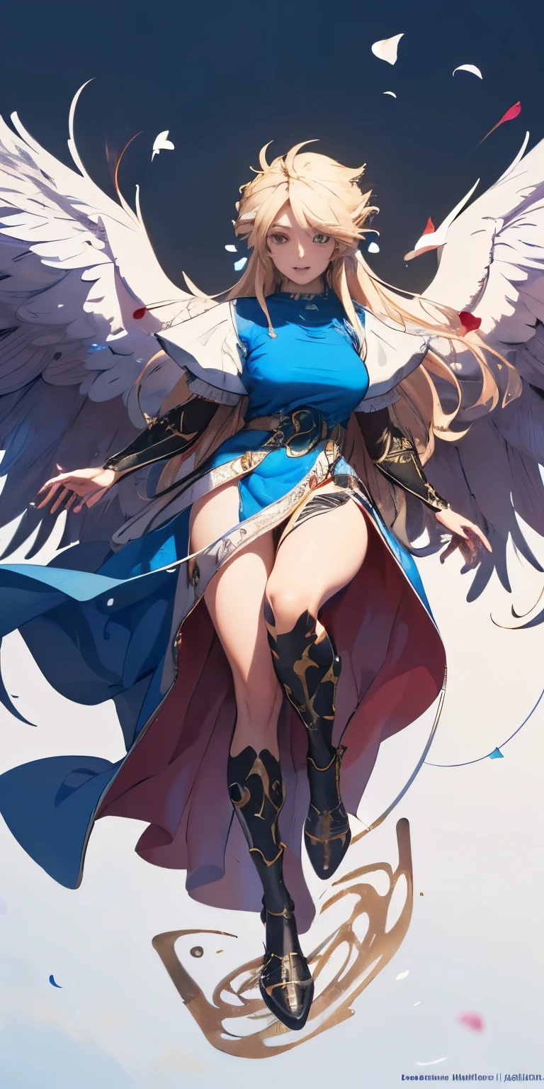 masterpiece, best quality, illustration, 1girl, solo, Nima, (gold long hair), (black big wings:1.3), (blue dress), sharp eyes, (vivid color), light, thick smoke:1.6, (floating white ink:1.8), Cyan flame, (beautiful and clear background:1.25), (depth of field:0.7), Dreamlike, (highres:1.2), (ultra-detailed:1.2), (extremely detailed CG unity 8k wallpaper:1.2), (traditional media), (sketch:1.1), finely detailed beautiful eyes and detailed face, (flying petals:1.2), red roses, dynamic colors, colorful, dynamic pose, dynamic angle, (full body), knife, breath of fire 2, Nina, medium breasts, (detailed eyes), cute, beauty, HDR, 4K, nier anime style, harmony, Nina