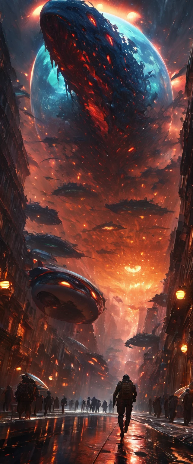 In this high-quality, ultra-detailed prompt, we will depict an epic scene of an alien attack during the nighttime. The image will be in the best quality, either 4k or 8k resolution, ensuring every detail is vividly captured. The main focus will be on the alien attack, with highly detailed UFOs hovering in the sky. People will be shown running in fear, emphasizing the intensity of the situation. The nighttime imagery will create a sense of suspense and drama, with the darkness enhancing the visual impact. The lights from the UFOs will illuminate the scene, casting a mysterious glow on the surroundings. The overall scene will be realistic, reflecting a photorealistic style. The colors will convey a dark and dramatic atmosphere, with deep blues and vibrant contrasts. The use of sharp focus and studio lighting will further enhance the clarity and depth of the image. Get ready for an exhilarating and visually stunning masterpiece that captures the thrill of an alien attack in extraordinary detail.