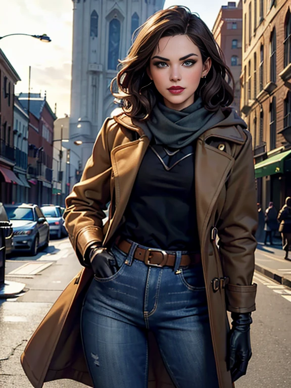 Daisy Ridley、(masterpiece:1.0), (Highest_quality:1.2), (Dark Shot:1.3), Classic Rogue, 1991 Rogue X-Men, 1 girl, Only 1, Head to Toe, standing on street corner, Elegant pose, (clothing: Brown winter coat, Brown color hood, Down lining, White scarf, gloves, jeans) Medium length hair, Brown Hair, Wavy Hair, One gray hair, Green Eyes, Mischievous look, Grin, Lips parted, Red lipstick, Heavy makeup, Confident expression, Backlight, (realism: 1.5), (Realistic: 1.4), (Disorganized:1.4), 8k, Very detailed, Detailed beautiful woman, (background: Midnight, it's snowing, On the streets of New York, Snowy Night), Official Art, Very detailed CG Unity 8k wallpaper, Perfect lighting, colorful, 超High resolution, photograph, 8k, High resolution, Kodak Portrait 400, Film Grain, blurry background, (Bokeh:1.2), (Vibrant_color:1.2), Film Grain:1.2, (Warm colors, Warm Tones:1.2), (color photo), Professional Photograph
