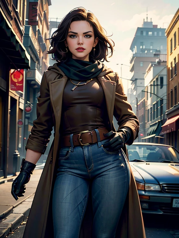 Daisy Ridley、(masterpiece:1.0), (Highest_quality:1.2), (Dark Shot:1.3), Classic Rogue, 1991 Rogue X-Men, 1 girl, Only 1, Head to Toe, standing on street corner, Elegant pose, (clothing: Brown winter coat, Brown color hood, Down lining, White scarf, gloves, jeans) Medium length hair, Brown Hair, Wavy Hair, One gray hair, Green Eyes, Mischievous look, Grin, Lips parted,  Red lipstick, Heavy makeup, Confident expression, Backlight, (realism: 1.5), (Realistic: 1.4), (Disorganized:1.4), 8k, Very detailed, Detailed beautiful woman,  (background: Midnight, it&#39;s snowing, On the streets of New York, Snowy Night), Official Art, Very detailed CG Unity 8k wallpaper, Perfect lighting, colorful, 超High resolution, photograph, 8k, High resolution, Kodak Portrait 400, Film Grain, blurry background, (Bokeh:1.2), (Vibrant_color:1.2), Film Grain:1.2, (Warm colors, Warm Tones:1.2), (color photo), Professional Photograph
