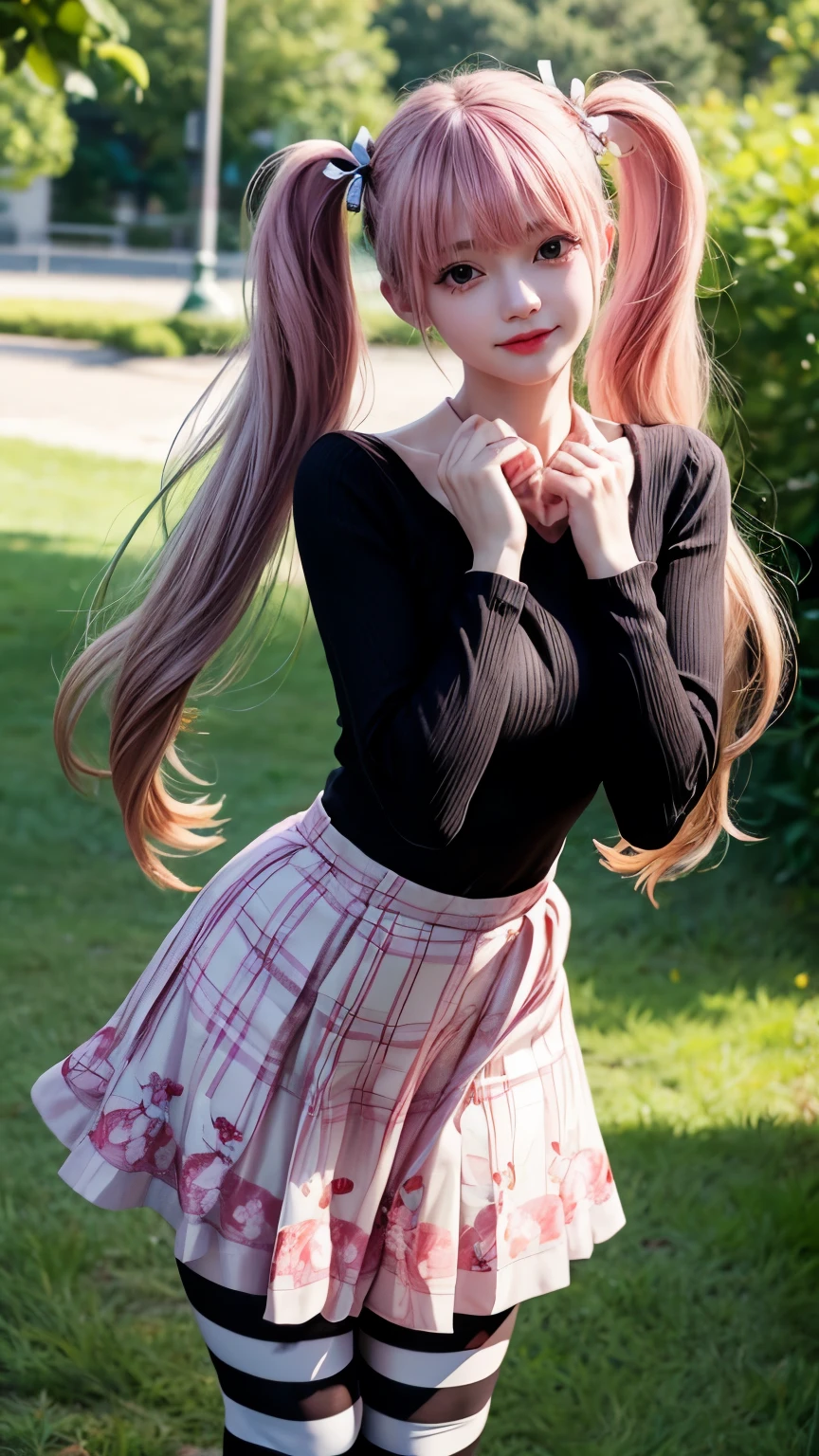 Very detailed CG ユニティ 8k 壁紙, highest quality, Very detailed, masterpiece, Realistic, photo Realistic, blush, Lips parted, View your viewers , Half Body Shot , (perona one piece), Pin up long hair, blushing, Beautiful Face, Embarrassed face, Are standing, Put your arms behind your head, Cute face, Goth Costume, Twin tails, Outdoor, Cherry Blossom, Striped Leggings, skirt, Smiling at the audience,