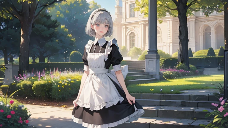 Garden, European style, Tea party, Are standing, Outdoor, (masterpiece, highest quality, Absurd), One girl, Gray Hair, Short Straight Hair, Blunt bangs, Flat Chest, Tight waist, Grey Eyes, petal, Pale skin, Maid, Maid headdress, Maid apron, Cowboy Shot, blush, A light smile, Tilt your head, bow,Cinema Lighting、highest quality, 8k wallpaper, Super detailed, beautifully、aesthetic, masterpiece, Realistic, (Highly detailed and accurate hand and foot generation、Removal of excess body parts:1.4)