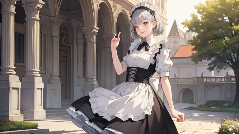 Garden, European style, Tea party, Are standing, Outdoor, (masterpiece, highest quality, Absurd), One girl, Gray Hair, Short Straight Hair, Blunt bangs, Flat Chest, Tight waist, Grey Eyes, petal, Pale skin, Maid, Maid headdress, Maid apron, Cowboy Shot, blush, A light smile, Tilt your head, bow,Cinema Lighting、highest quality, 8k wallpaper, Super detailed, beautifully、aesthetic, masterpiece, Realistic, (Highly detailed and accurate hand and foot generation、Removal of excess body parts:1.4)
