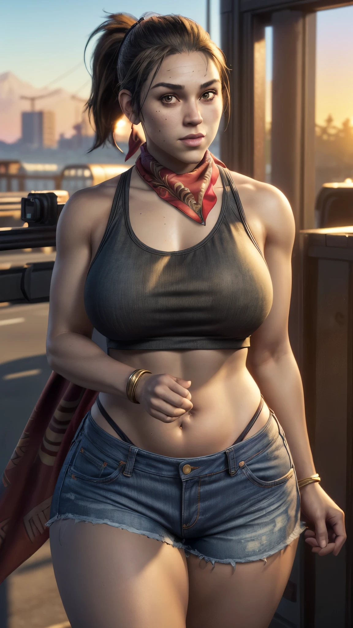 (ultra realistic,32k, masterpiece:1.1),(detailed skin) gtluc ,a woman, black tank top, ponytail, red bandana, denim shorts, (looking at viewer),(golden hour:1.1), , 8k uhd, dslr, high quality, large , thick thighs, curvy hips