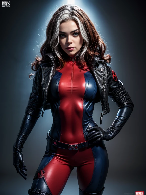 Daisy Ridley、masterpiece, High-quality 4K, Villain (X-Men), Gothic Girl, Sculpted body gothic makeup, Black jacket, Red and blue bodysuit, masterpiece, highest quality, Cowboy Shot, One girl, alone, Technology Military Bodysuit, fringe.