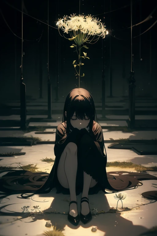 1 girl. Sobbing into her knees. Fetal position. Spider lilies growing out of her. Dim atmosphere. Suffering. Mental break down