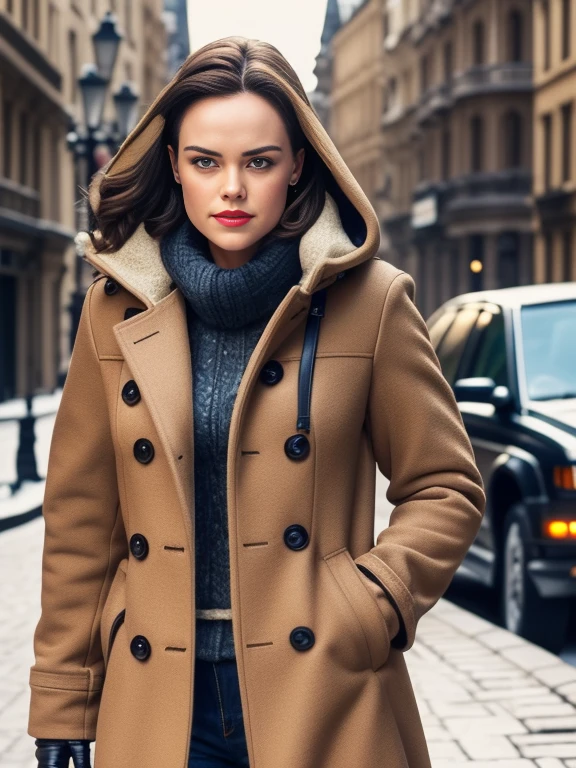 Daisy Ridley、(masterpiece:1.0), (Highest_quality:1.2), (Dark Shot:1.3), Classic Rogue, 1991 Rogue X-Men, 1 girl, Only 1, Head to Toe, standing on street corner, Elegant pose, (clothing: Brown winter coat, Brown color hood, Down lining, White scarf, gloves, jeans) Medium length hair, Brown Hair, Wavy Hair, One gray hair, Green Eyes, Mischievous look, Grin, Lips parted, Red lipstick, Heavy makeup, Confident expression, Backlight, (realism: 1.5), (Realistic: 1.4), (Disorganized:1.4), 8k, Very detailed, Detailed beautiful woman, (background: Midnight, it's snowing, On the streets of New York, Snowy Night), Official Art, Very detailed CG Unity 8k wallpaper, Perfect lighting, colorful, 超High resolution, photograph, 8k, High resolution, Kodak Portrait 400, Film Grain, blurry background, (Bokeh:1.2), (Vibrant_color:1.2), Film Grain:1.2, (Warm colors, Warm Tones:1.2), (color photo), Professional Photograph