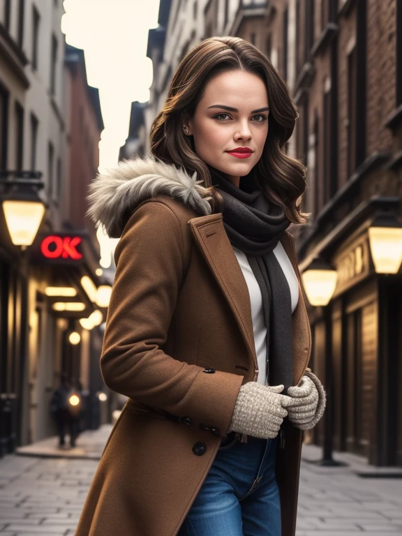 Daisy Ridley、(masterpiece:1.0), (Highest_quality:1.2), (Dark Shot:1.3), Classic Rogue, 1991 Rogue X-Men, 1 girl, Only 1, Head to Toe, standing on street corner, Elegant pose, (clothing: Brown winter coat, Brown color hood, Down lining, White scarf, gloves, jeans) Medium length hair, Brown Hair, Wavy Hair, One gray hair, Green Eyes, Mischievous look, Grin, Lips parted, Red lipstick, Heavy makeup, Confident expression, Backlight, (realism: 1.5), (Realistic: 1.4), (Disorganized:1.4), 8k, Very detailed, Detailed beautiful woman, (background: Midnight, it's snowing, On the streets of New York, Snowy Night), Official Art, Very detailed CG Unity 8k wallpaper, Perfect lighting, colorful, 超High resolution, photograph, 8k, High resolution, Kodak Portrait 400, Film Grain, blurry background, (Bokeh:1.2), (Vibrant_color:1.2), Film Grain:1.2, (Warm colors, Warm Tones:1.2), (color photo), Professional Photograph