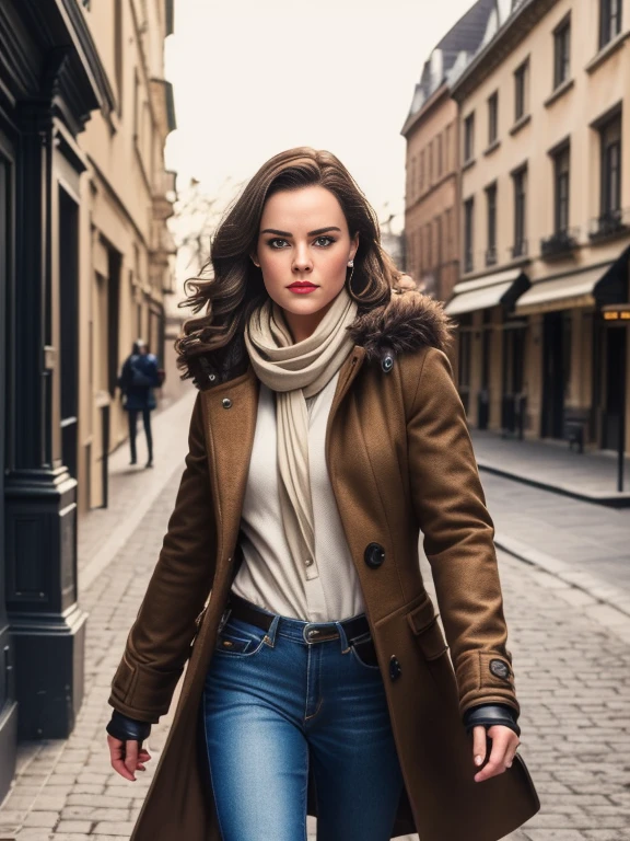 Daisy Ridley、(masterpiece:1.0), (Highest_quality:1.2), (Dark Shot:1.3), Classic Rogue, 1991 Rogue X-Men, 1 girl, Only 1, Head to Toe, standing on street corner, Elegant pose, (clothing: Brown winter coat, Brown color hood, Down lining, White scarf, gloves, jeans) Medium length hair, Brown Hair, Wavy Hair, One gray hair, Green Eyes, Mischievous look, Grin, Lips parted, Red lipstick, Heavy makeup, Confident expression, Backlight, (realism: 1.5), (Realistic: 1.4), (Disorganized:1.4), 8k, Very detailed, Detailed beautiful woman, (background: Midnight, it's snowing, On the streets of New York, Snowy Night), Official Art, Very detailed CG Unity 8k wallpaper, Perfect lighting, colorful, 超High resolution, photograph, 8k, High resolution, Kodak Portrait 400, Film Grain, blurry background, (Bokeh:1.2), (Vibrant_color:1.2), Film Grain:1.2, (Warm colors, Warm Tones:1.2), (color photo), Professional Photograph