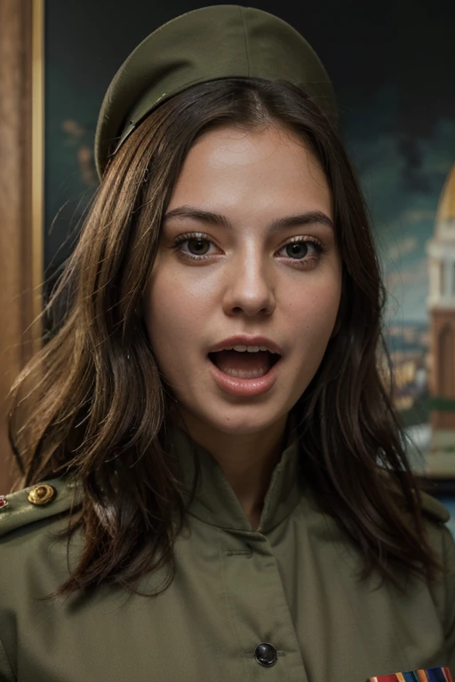 Absurd resolution, high resolution, (masterpiece: 1.4), hyper-detail, young woman in military uniform, scientific observatory background, screen wall and more, excited open mouth, upper body photo