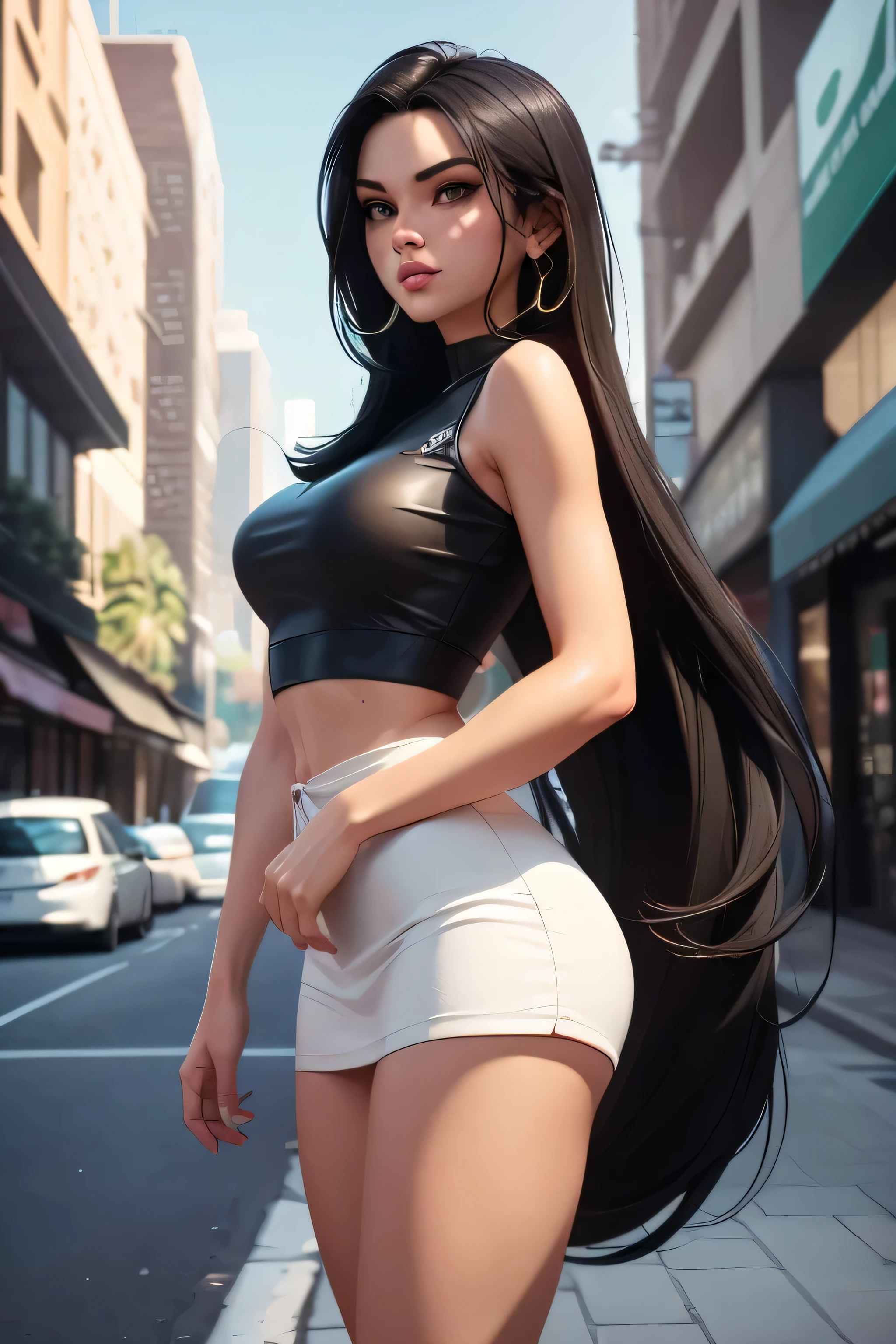 ((GTA style)), (GTA samp), Woman named Maia, long black hair, green eyes, wearing a thin, plain white shirt showing the silhouette of her bust, walking down the street with her entire body, in the background a wide horizon and distant, perfect model body, high resolution, ultra clear, 8K, masterpiece of art looking at the viewer, GTA style