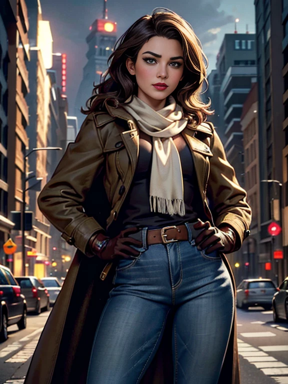 Brie Larson、(masterpiece:1.0), (Highest_quality:1.2), (Dark Shot:1.3), Classic Rogue, 1991 Rogue X-Men, 1 girl, Only 1, Head to Toe, standing on street corner, Elegant pose, (clothing: Brown winter coat, Brown color hood, Down lining, White scarf, gloves, jeans) Medium length hair, Brown Hair, Wavy Hair, One gray hair, Green Eyes, Mischievous look, Grin, Lips parted, Red lipstick, Heavy makeup, Confident expression, Backlight, (realism: 1.5), (Realistic: 1.4), (Disorganized:1.4), 8k, Very detailed, Detailed beautiful woman, (background: Midnight, it's snowing, On the streets of New York, Snowy Night), Official Art, Very detailed CG Unity 8k wallpaper, Perfect lighting, colorful, 超High resolution, photograph, 8k, High resolution, Kodak Portrait 400, Film Grain, blurry background, (Bokeh:1.2), (Vibrant_color:1.2), Film Grain:1.2, (Warm colors, Warm Tones:1.2), (color photo), Professional Photograph