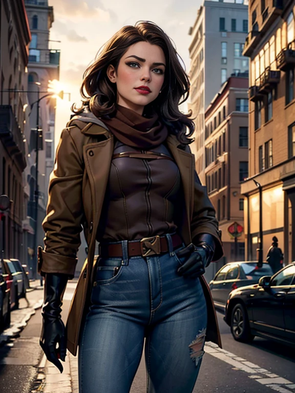Brie Larson、(masterpiece:1.0), (Highest_quality:1.2), (Dark Shot:1.3), Classic Rogue, 1991 Rogue X-Men, 1 girl, Only 1, Head to Toe, standing on street corner, Elegant pose, (clothing: Brown winter coat, Brown color hood, Down lining, White scarf, gloves, jeans) Medium length hair, Brown Hair, Wavy Hair, One gray hair, Green Eyes, Mischievous look, Grin, Lips parted, Red lipstick, Heavy makeup, Confident expression, Backlight, (realism: 1.5), (Realistic: 1.4), (Disorganized:1.4), 8k, Very detailed, Detailed beautiful woman, (background: Midnight, it's snowing, On the streets of New York, Snowy Night), Official Art, Very detailed CG Unity 8k wallpaper, Perfect lighting, colorful, 超High resolution, photograph, 8k, High resolution, Kodak Portrait 400, Film Grain, blurry background, (Bokeh:1.2), (Vibrant_color:1.2), Film Grain:1.2, (Warm colors, Warm Tones:1.2), (color photo), Professional Photograph