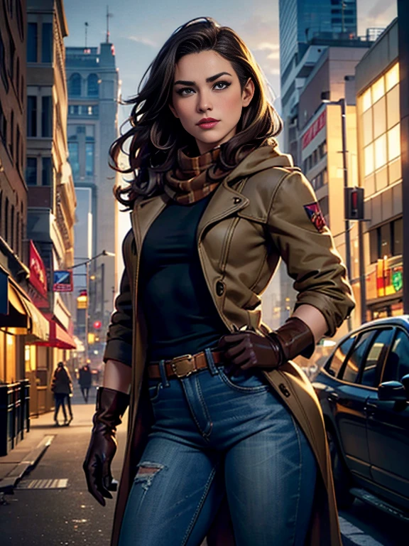 Brie Larson、(masterpiece:1.0), (Highest_quality:1.2), (Dark Shot:1.3), Classic Rogue, 1991 Rogue X-Men, 1 girl, Only 1, Head to Toe, standing on street corner, Elegant pose, (clothing: Brown winter coat, Brown color hood, Down lining, White scarf, gloves, jeans) Medium length hair, Brown Hair, Wavy Hair, One gray hair, Green Eyes, Mischievous look, Grin, Lips parted, Red lipstick, Heavy makeup, Confident expression, Backlight, (realism: 1.5), (Realistic: 1.4), (Disorganized:1.4), 8k, Very detailed, Detailed beautiful woman, (background: Midnight, it's snowing, On the streets of New York, Snowy Night), Official Art, Very detailed CG Unity 8k wallpaper, Perfect lighting, colorful, 超High resolution, photograph, 8k, High resolution, Kodak Portrait 400, Film Grain, blurry background, (Bokeh:1.2), (Vibrant_color:1.2), Film Grain:1.2, (Warm colors, Warm Tones:1.2), (color photo), Professional Photograph
