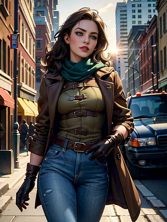 Brie Larson、(masterpiece:1.0), (Highest_quality:1.2), (Dark Shot:1.3), Classic Rogue, 1991 Rogue X-Men, 1 girl, Only 1, Head to Toe, standing on street corner, Elegant pose, (clothing: Brown winter coat, Brown color hood, Down lining, White scarf, gloves, jeans) Medium length hair, Brown Hair, Wavy Hair, One gray hair, Green Eyes, Mischievous look, Grin, Lips parted, Red lipstick, Heavy makeup, Confident expression, Backlight, (realism: 1.5), (Realistic: 1.4), (Disorganized:1.4), 8k, Very detailed, Detailed beautiful woman, (background: Midnight, it's snowing, On the streets of New York, Snowy Night), Official Art, Very detailed CG Unity 8k wallpaper, Perfect lighting, colorful, 超High resolution, photograph, 8k, High resolution, Kodak Portrait 400, Film Grain, blurry background, (Bokeh:1.2), (Vibrant_color:1.2), Film Grain:1.2, (Warm colors, Warm Tones:1.2), (color photo), Professional Photograph
