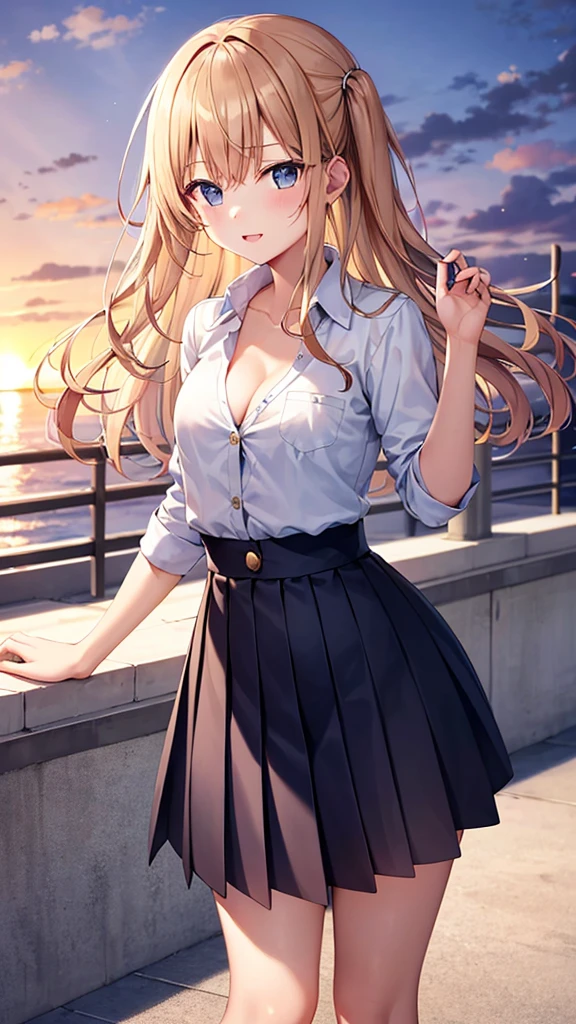 {masterpiece}, {highest quality},1 girl,school_uniform,sunset、Small cleavage、Button unbuttoned