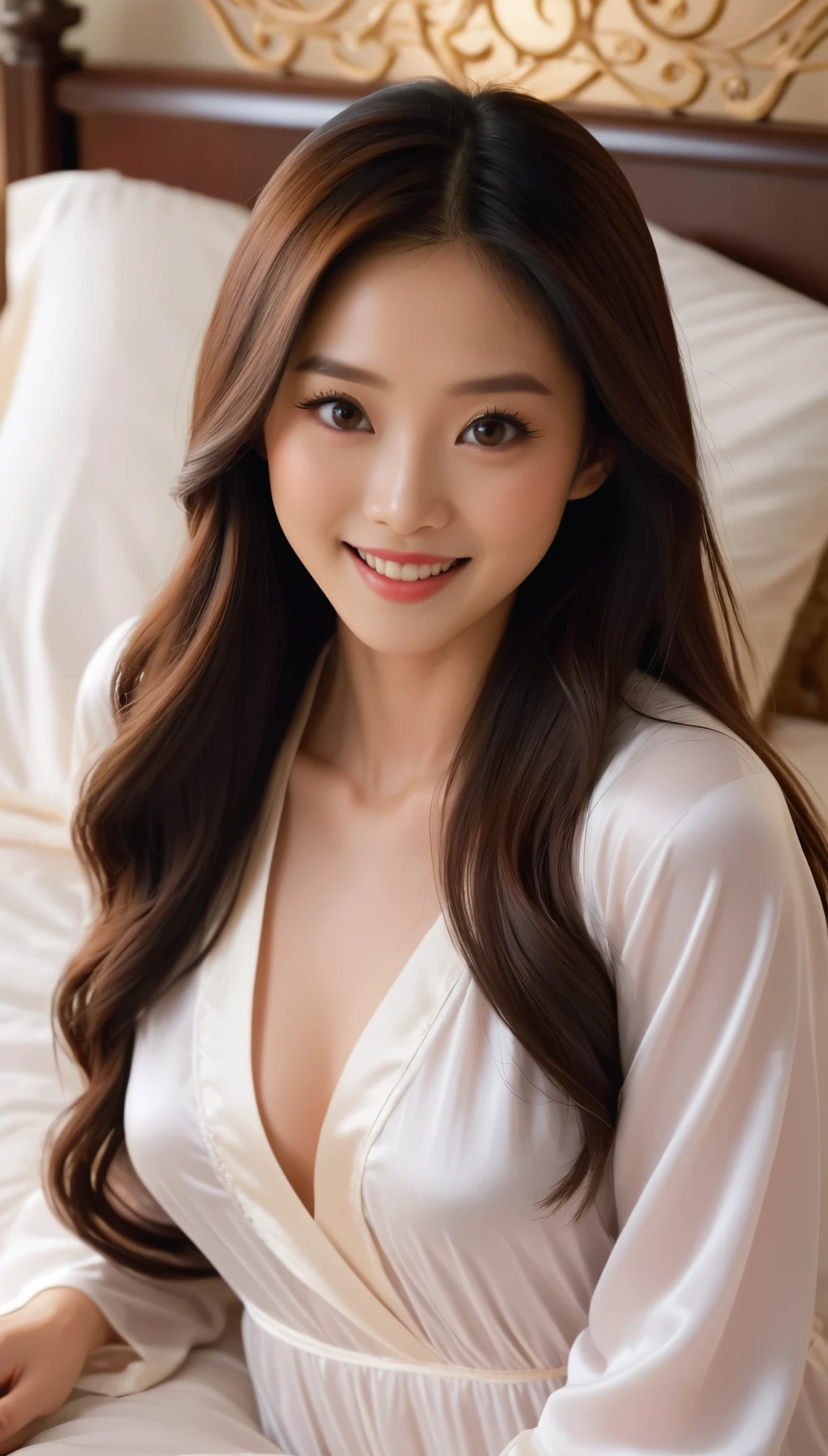 a screengrab from an aesthetically pleasing movie of pretty Asian woman with long hair laying on her bed, she is wearing white nightgown and has very pale skin, she looks at the camera with big eyes, she wears makeup, she’s smiling 