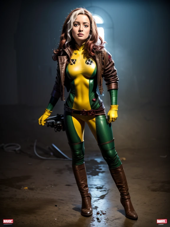Jennifer Love Hewitt、masterpiece, High-quality 4K, Villain (X-Men), Gothic Girl, Sculpted body gothic makeup, Brown jacket, Yellow and green bodysuit, masterpiece, highest quality, Cowboy Shot, One girl, alone, Technology Military Bodysuit, fringe.