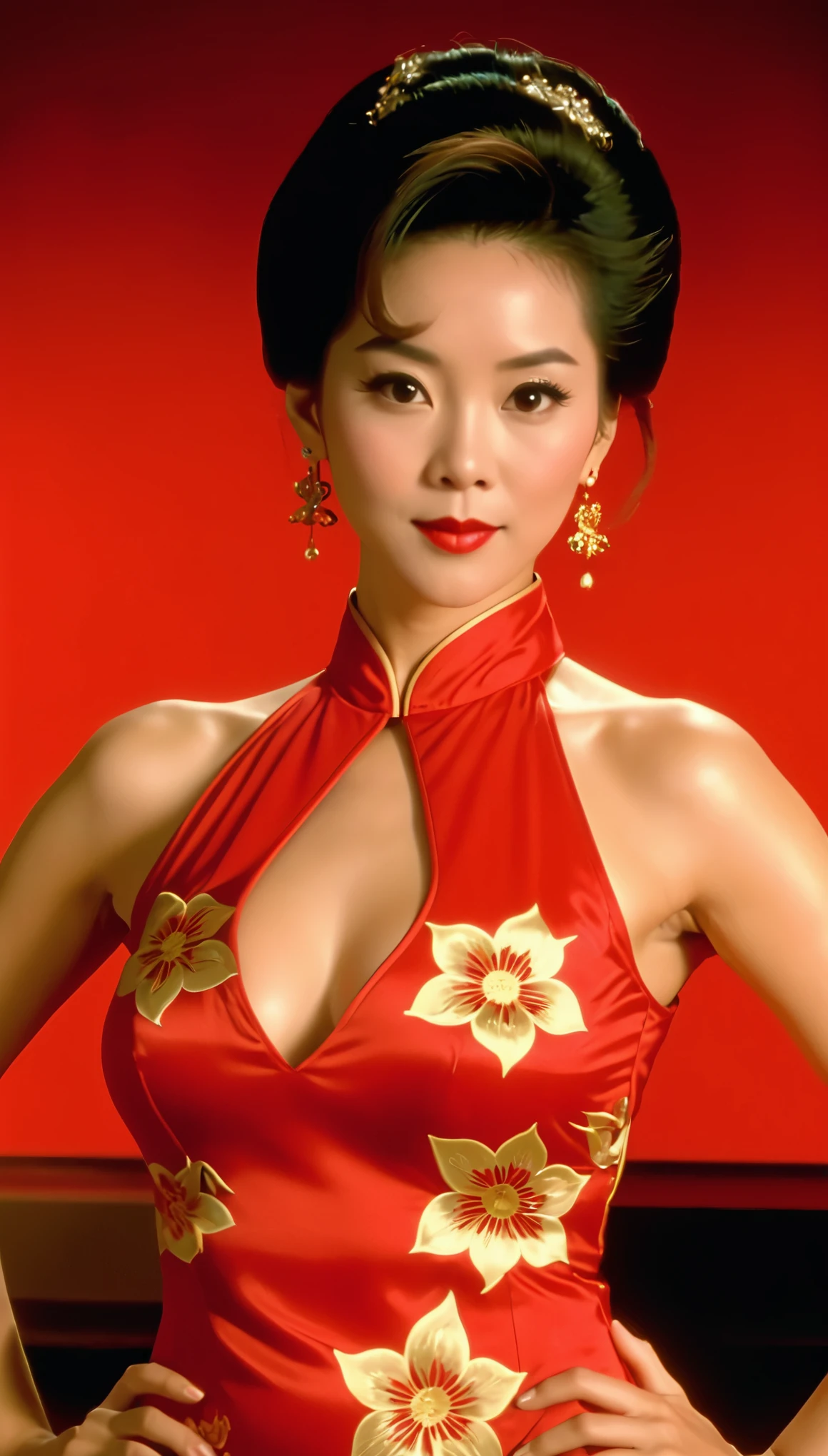 A screen grab from an old VHS tape shows a woman in a red cheongsam facing the camera and posing with her hands on her hips. The background lighting has made everything look slightly out of focus, and there is some noise around the edges of the video. She looks like a flirty professional dancer in the style of an old VHS tape.