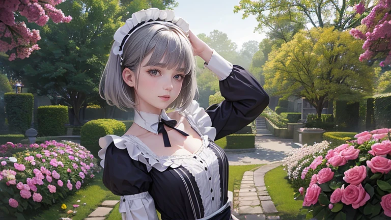 Garden, European style, Tea party, Are standing, Outdoor, (masterpiece, highest quality, Absurd), One girl, Gray Hair, Short Straight Hair, Blunt bangs, Flat Chest, Tight waist, Grey Eyes, petal, Pale skin, Maid, Maid headdress, Maid apron, Cowboy Shot, blush, A light smile, Tilt your head, bow,Cinema Lighting、highest quality, 8k wallpaper, Super detailed, beautifully、aesthetic, masterpiece, Realistic, (Highly detailed and accurate hand and foot generation、Removal of excess body parts:1.4)
