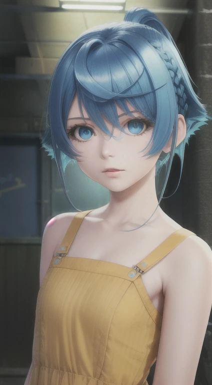 ratte867, 1girl, solo, (electric blue hair:1.2), Asymmetrical haircut, (yellow clothes:1.2) masterpiece, best quality, photorealistic, realistic, (RAW photo, 8k uhd, film grain), caustics, subsurface scattering