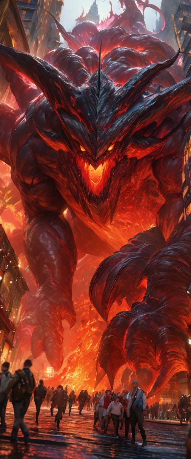 (a gigantic lava demon),highly-detailed,lurking over a city,people running,hyper-detailed,hyper-realistic, masterpiece:1.2, highres, ultra-detailed, realistic:1.37, HDR, UHD, professional, vivid colors, bokeh, oil painting, dark fantasy, vibrant color palette, dramatic lighting