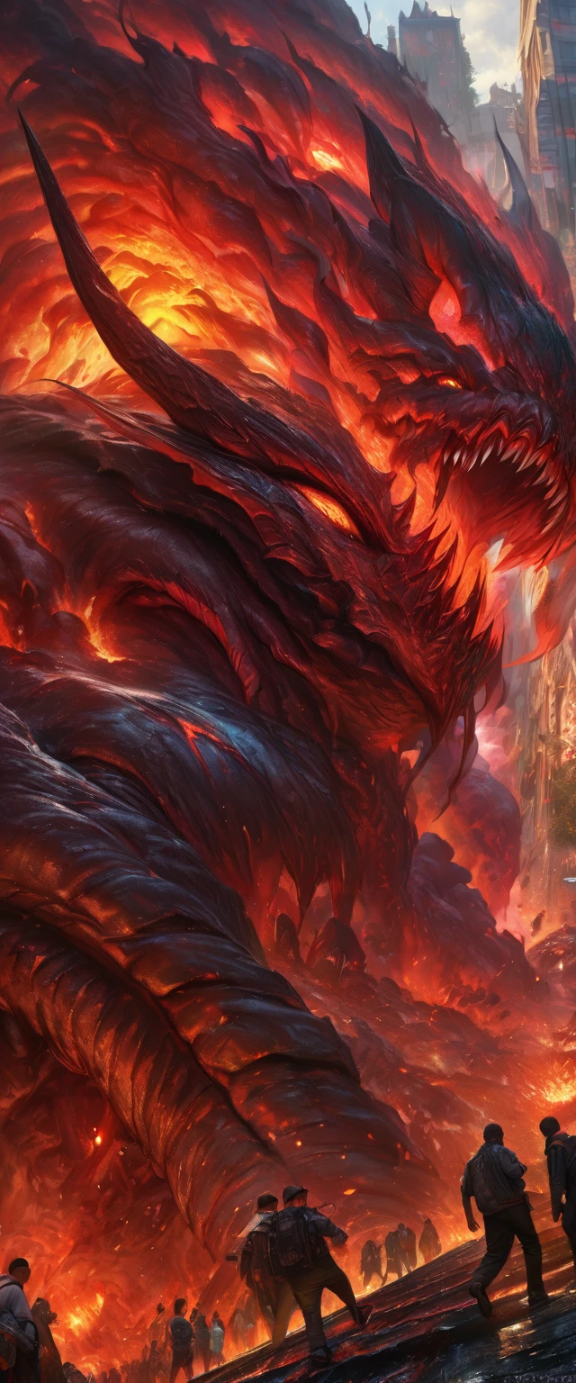 (a gigantic lava demon),highly-detailed,lurking over a city,people running,hyper-detailed,hyper-realistic, masterpiece:1.2, highres, ultra-detailed, realistic:1.37, HDR, UHD, professional, vivid colors, bokeh, oil painting, dark fantasy, vibrant color palette, dramatic lighting