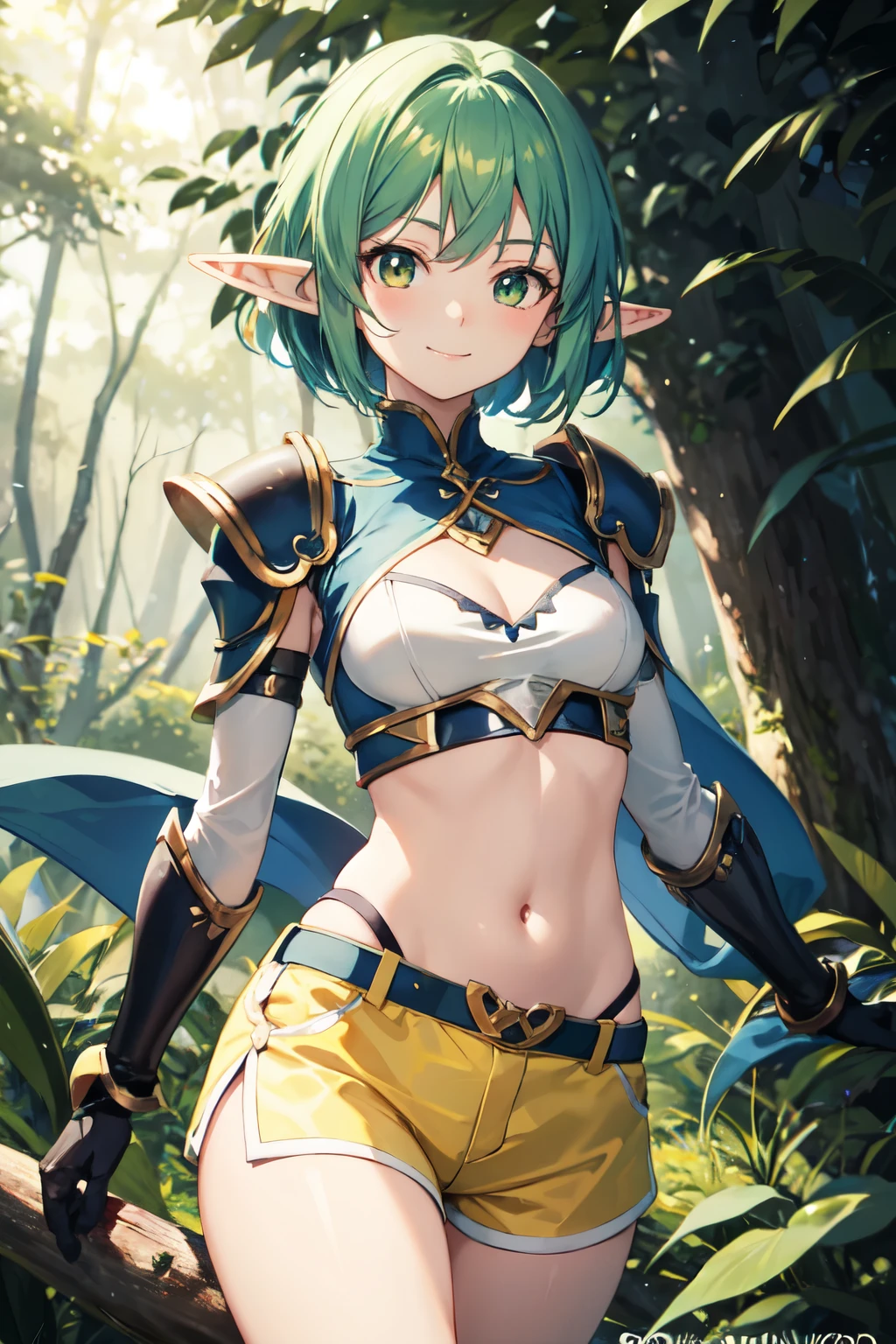 (1 anime elf girl) Short hair color: yellow, eyes: bright blue, medium breasts, with light armor, green with yellow stripes, white shorts. {looking at the viewer with a slight smile, in the forest}
